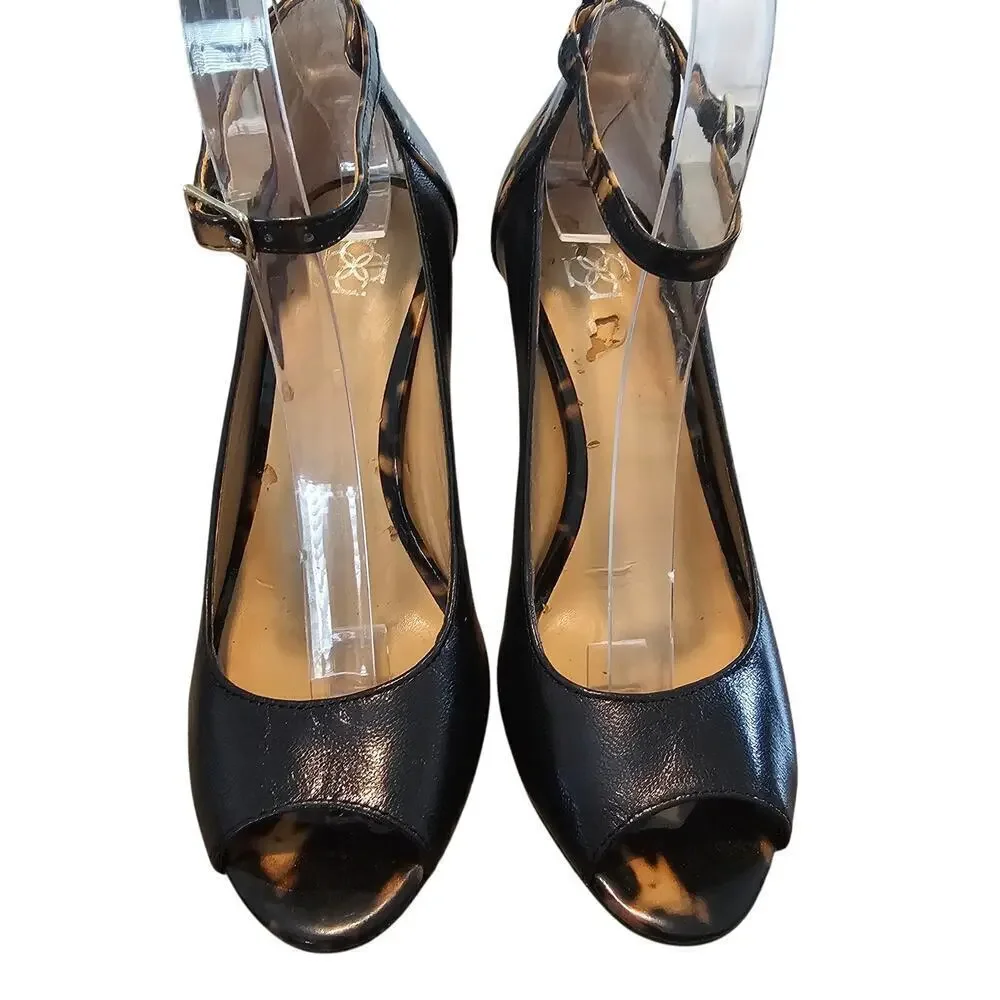 Ann Taylor Viola Heels Womens Size 6 Black Leather Tortoise Ankle Strap Glam